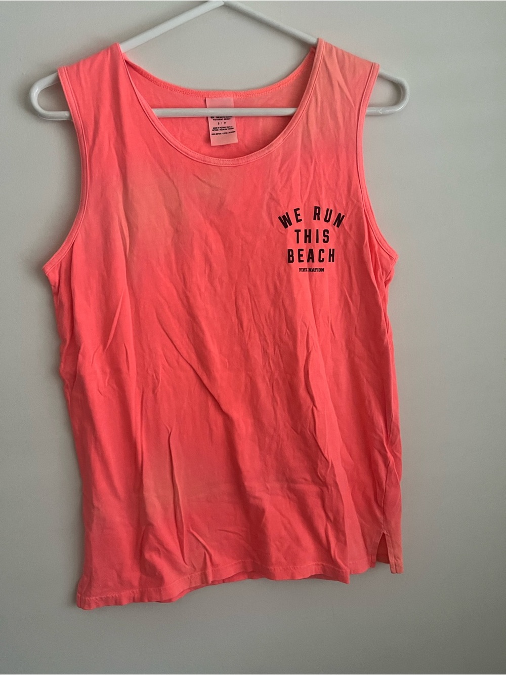 PINK Victoria's Secret Neon Coral Muscle Tank with 'We Run This Beach' Print